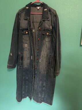 Tribal Jeans Long Duster Jacket/Dress, Distressed Button Down Pockets XL EUC